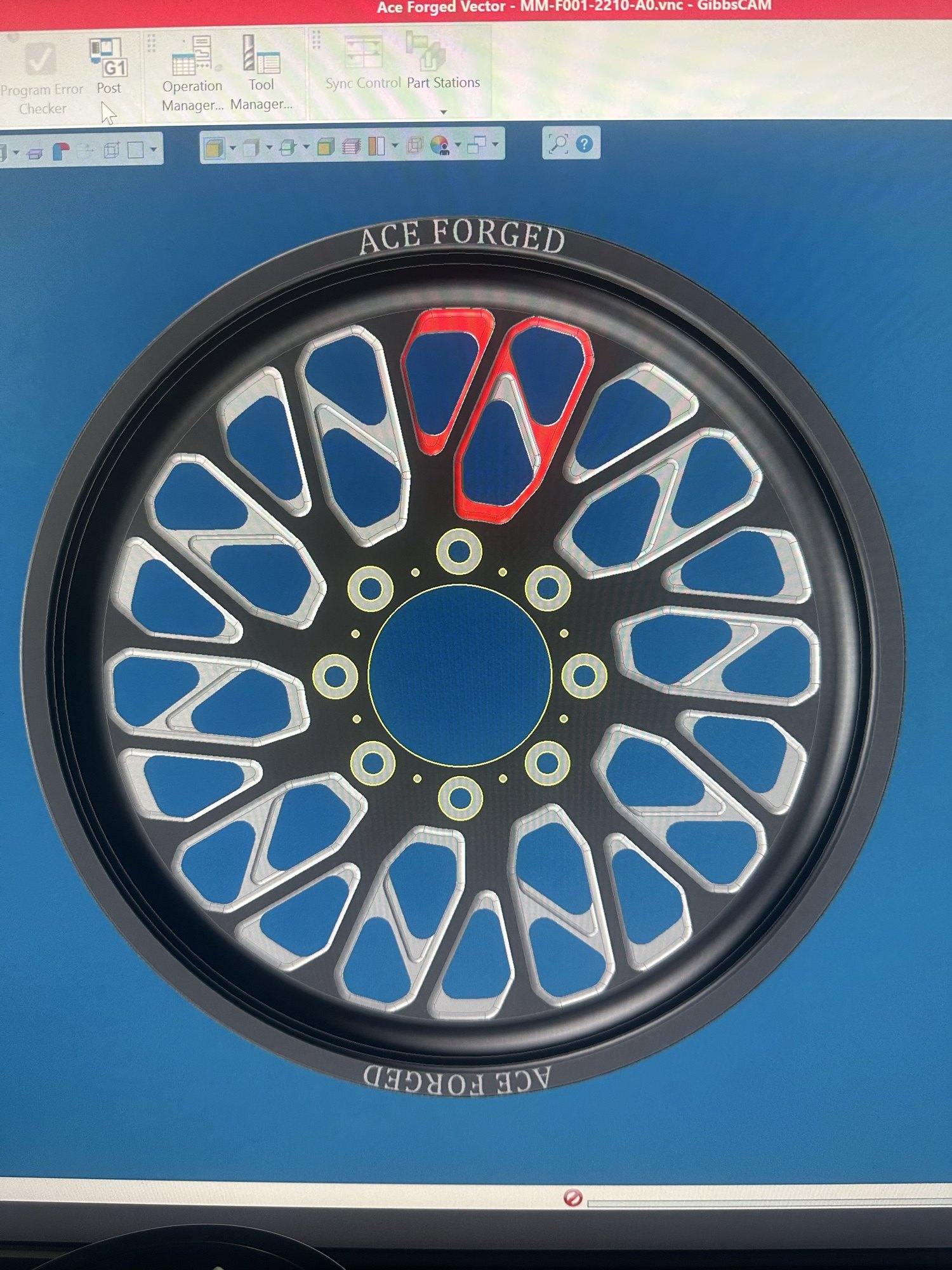 Ace Forged Vector wheel CAM toolpath on GibbsCAM